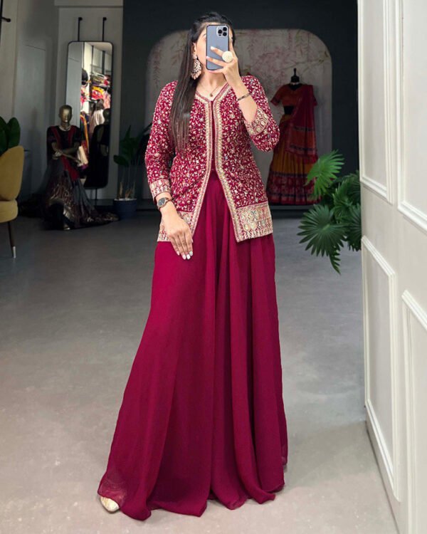 Rani Pink Color Embroidery Work Georgette Plazo Suit