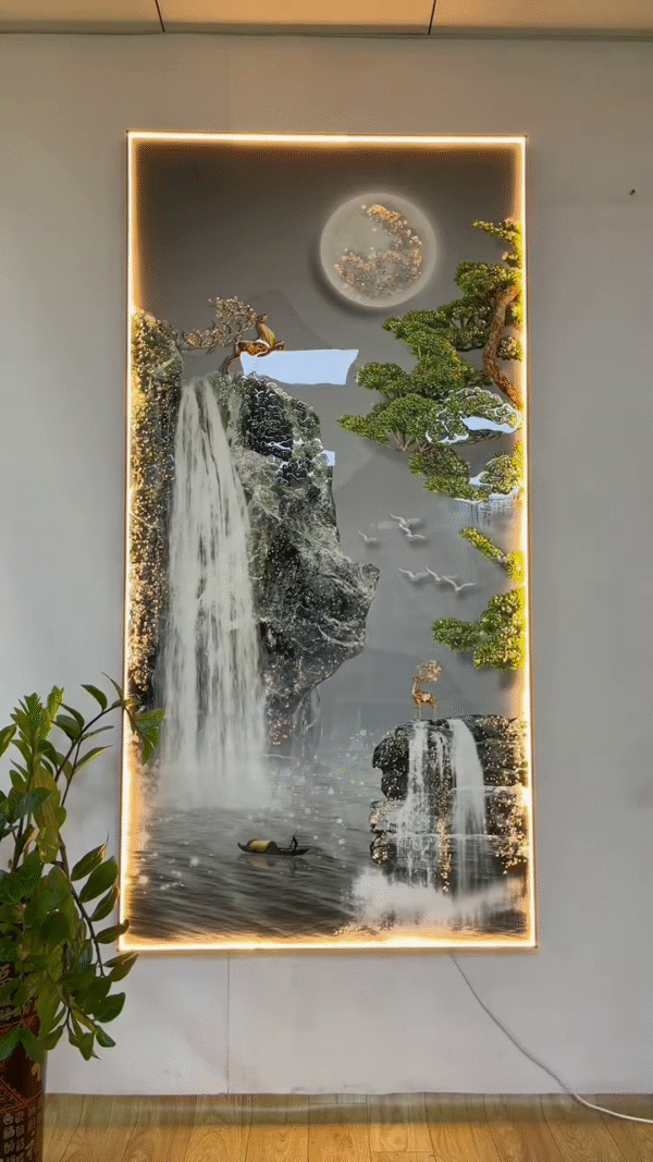 3D Moonlight Waterfall Wall Art Panel – LED Backlit Nature-Inspired Decor Frame