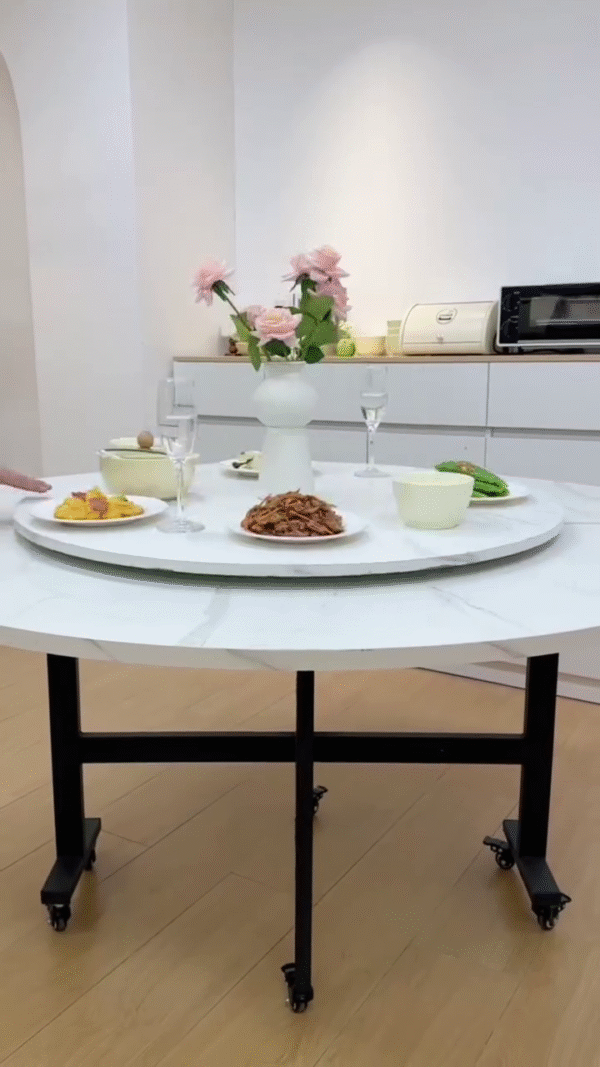 Rotating Round Marble Dining Table – With Wheels & Lazy Susan Turntable - Image 2