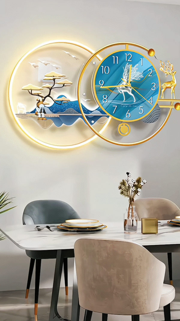 Artistic Wall Clock with LED Backlight & 3D Golden Deer Design (Luxury Decor Series)