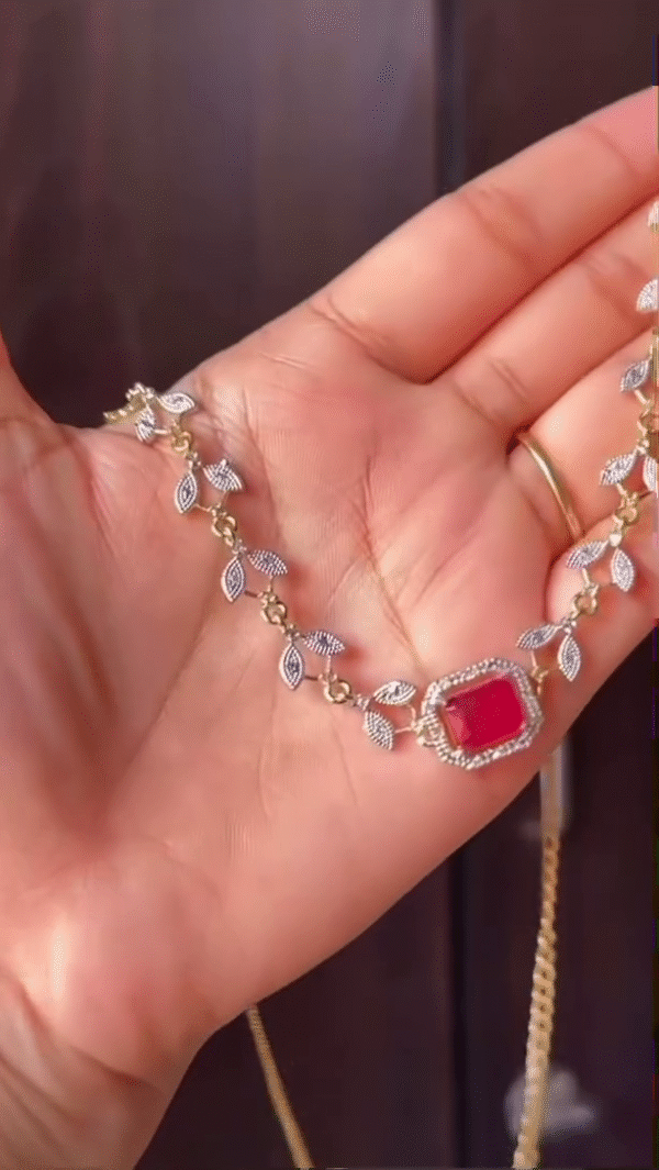 Ruby and Diamond-Style Leaf Motif Necklace