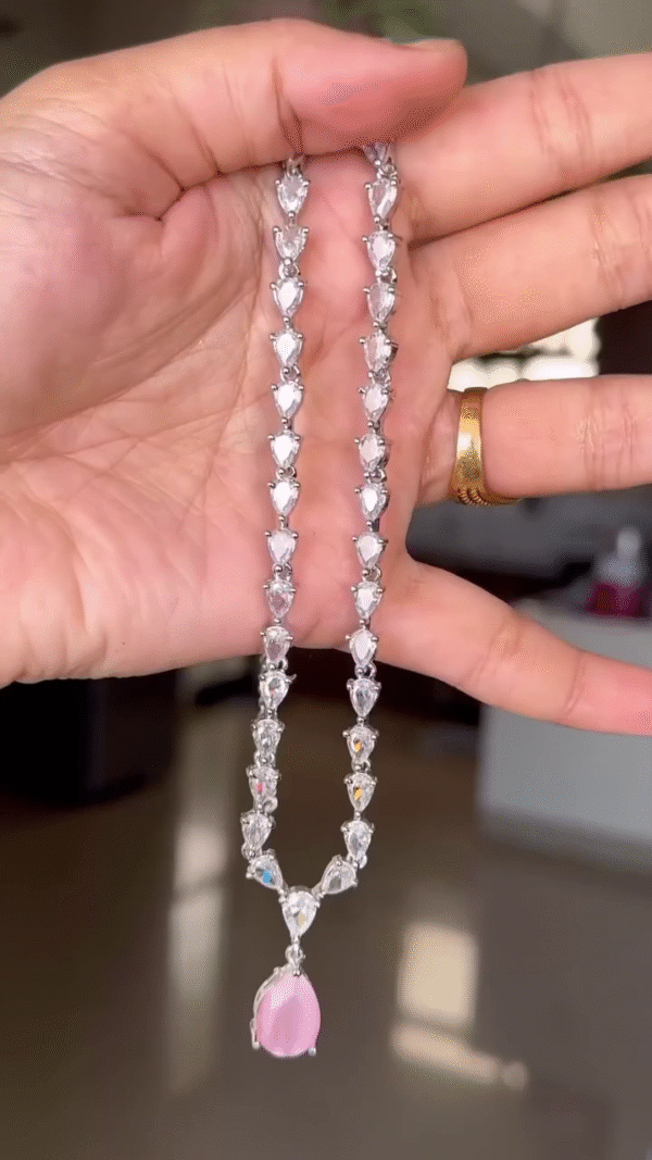 Pear-Shaped Gem and Crystal Drop Tennis Necklace