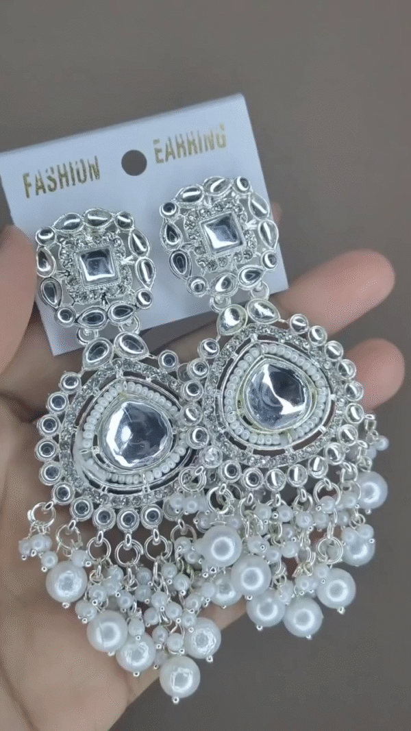Silver-Toned Kundan-Style Statement Earrings with Pearl Drops