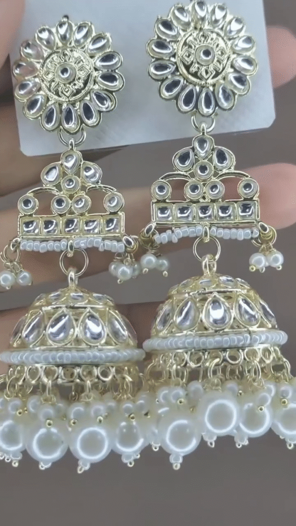 Silver-Toned Kundan-Style Statement Earrings with Pearl Drops - Image 2