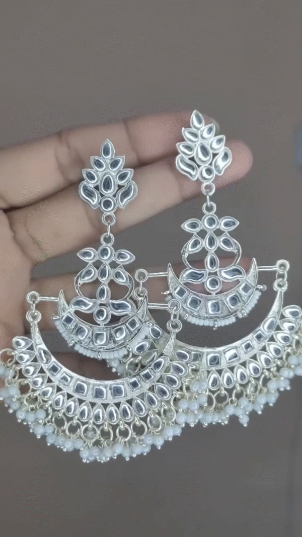 Silver-Toned Kundan-Style Statement Earrings with Pearl Drops - Image 5