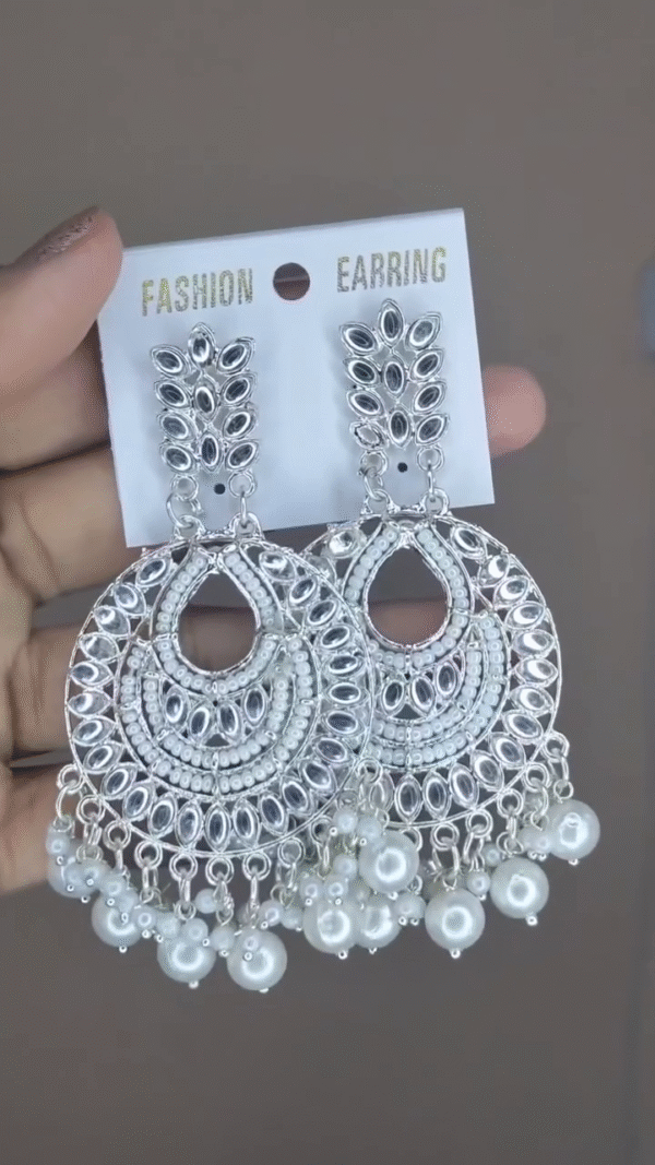 Silver-Toned Kundan-Style Statement Earrings with Pearl Drops - Image 4