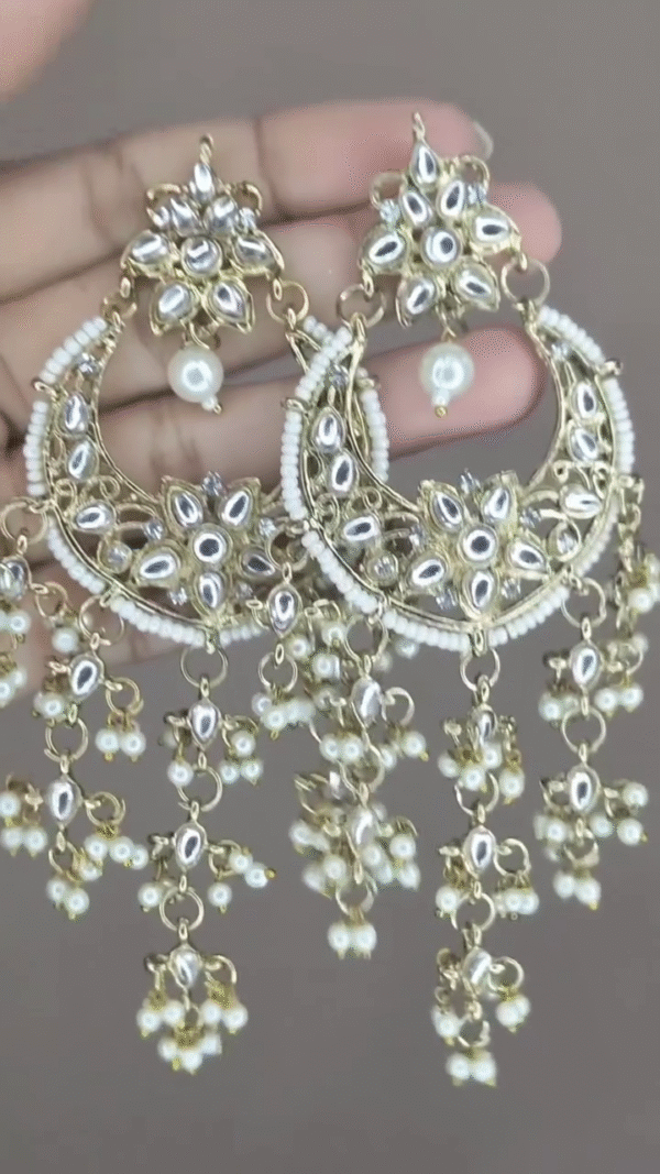 Silver-Toned Kundan-Style Statement Earrings with Pearl Drops - Image 3